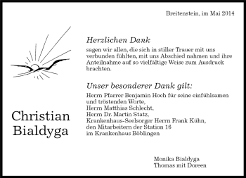 Traueranzeige von Christian Bialdyga von Kreiszeitung Böblinger Bote