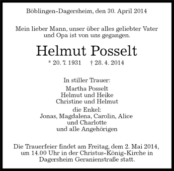 Traueranzeige von Helmut Posselt von Kreiszeitung Böblinger Bote
