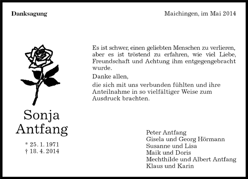 Traueranzeige für Sonja Antfang vom 30.04.2014 aus Kreiszeitung Böblinger Bote
