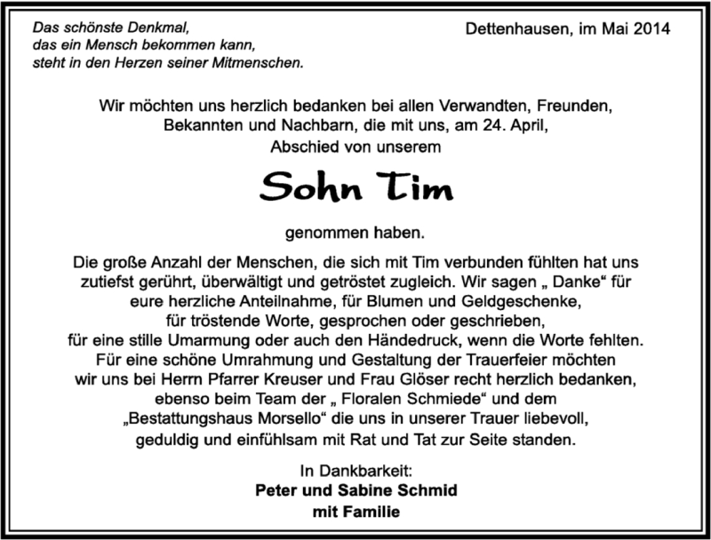  Traueranzeige für Tim Schmid vom 30.04.2014 aus Kreiszeitung Böblinger Bote
