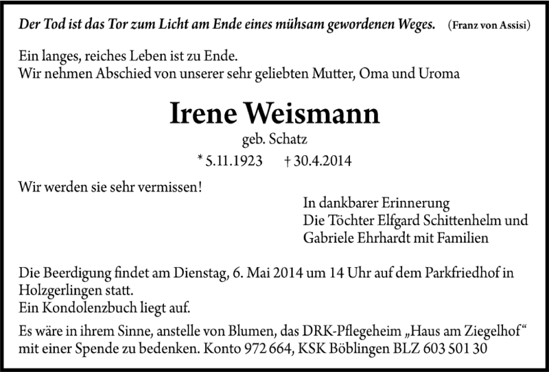  Traueranzeige für Irene Weismann vom 30.04.2014 aus Kreiszeitung Böblinger Bote