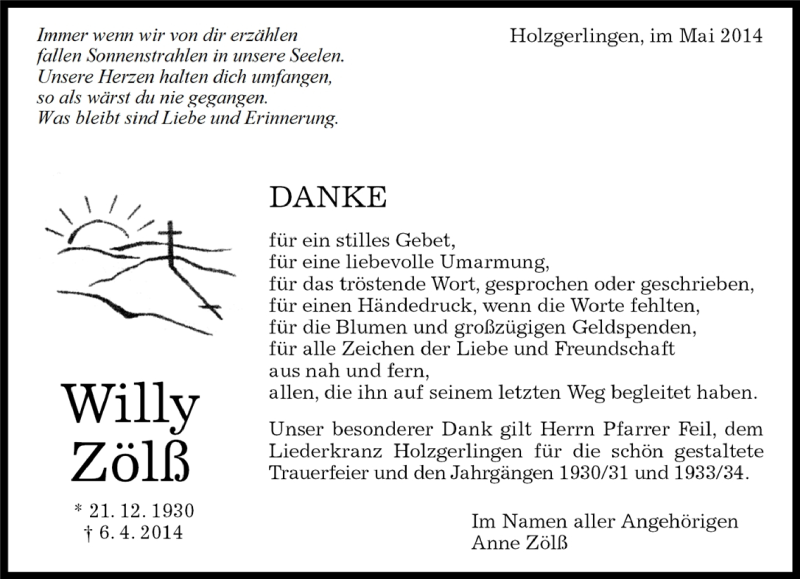  Traueranzeige für Willy Zölß vom 02.05.2014 aus Kreiszeitung Böblinger Bote