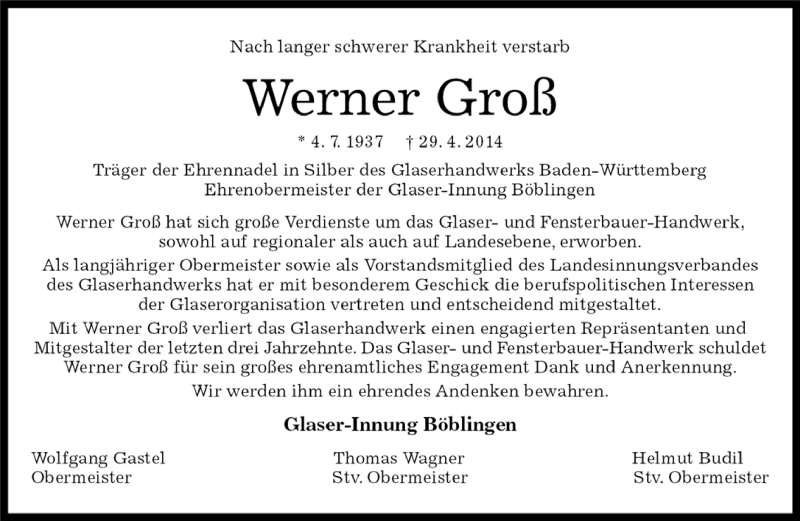  Traueranzeige für Werner  Groß vom 02.05.2014 aus Kreiszeitung Böblinger Bote