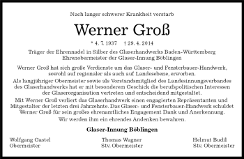 Traueranzeige von Werner  Groß von Kreiszeitung Böblinger Bote