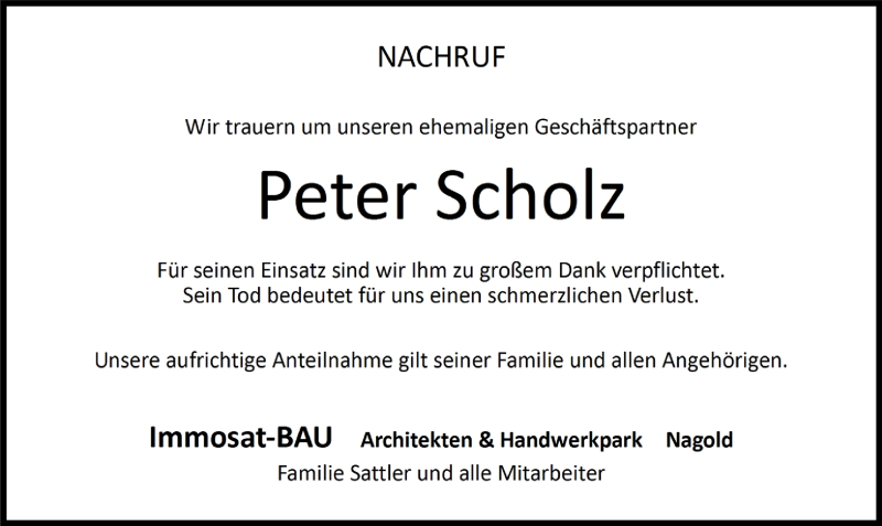  Traueranzeige für Peter Scholz vom 06.05.2014 aus Kreiszeitung Böblinger Bote