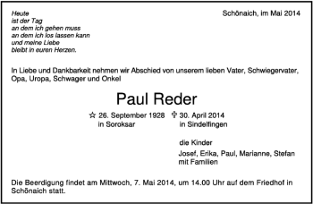 Traueranzeige von Paul Reder von Kreiszeitung Böblinger Bote