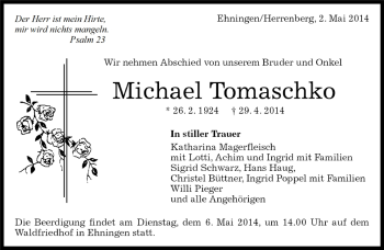 Traueranzeige von Michael Tomaschko von Kreiszeitung Böblinger Bote