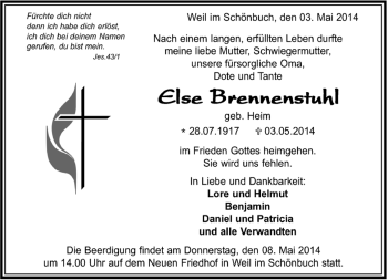 Traueranzeige von Else Brennenstuhl von Kreiszeitung Böblinger Bote