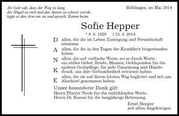 Traueranzeige von Sofie Hepper von Kreiszeitung Böblinger Bote