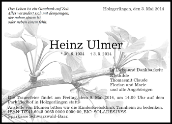 Traueranzeige von Heinz Ulmer von Kreiszeitung Böblinger Bote