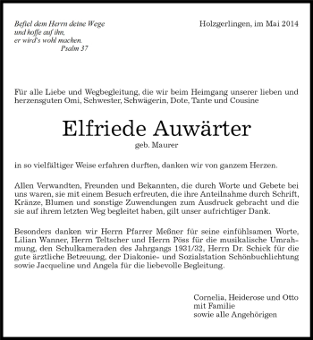 Traueranzeige von Elfriede Auwärter von Kreiszeitung Böblinger Bote