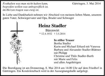 Traueranzeige von Heinz Stadler von Kreiszeitung Böblinger Bote