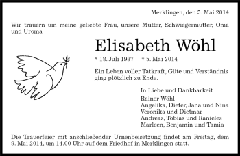 Traueranzeige von Elisabeth Wöhl von Kreiszeitung Böblinger Bote