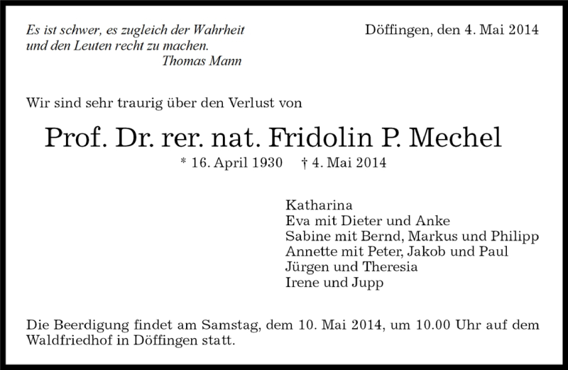  Traueranzeige für Fridolin Mechel vom 06.05.2014 aus Kreiszeitung Böblinger Bote
