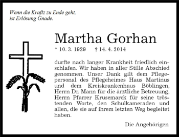 Traueranzeige von Martha Gorhan von Kreiszeitung Böblinger Bote