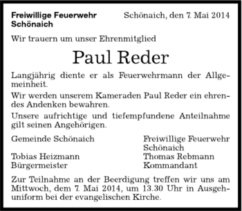 Traueranzeige von Paul Reder von Kreiszeitung Böblinger Bote