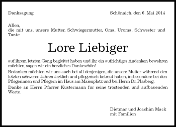 Traueranzeige von Lore Liebiger von Kreiszeitung Böblinger Bote