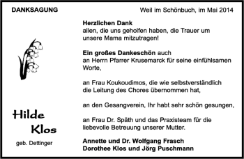 Traueranzeige von Hilde Klos von Kreiszeitung Böblinger Bote