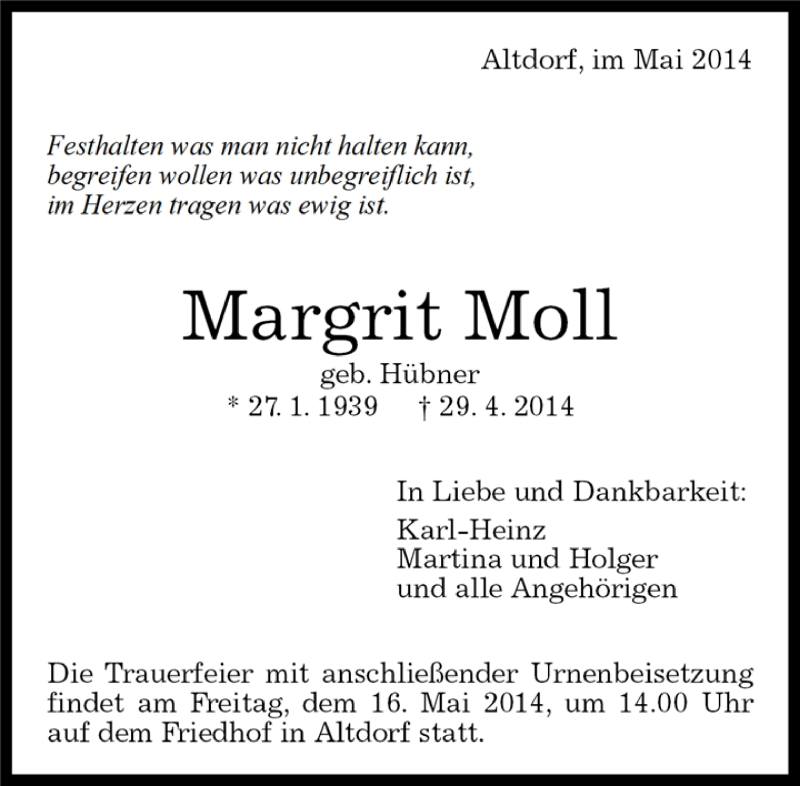  Traueranzeige für Margrit Moll vom 08.05.2014 aus Kreiszeitung Böblinger Bote