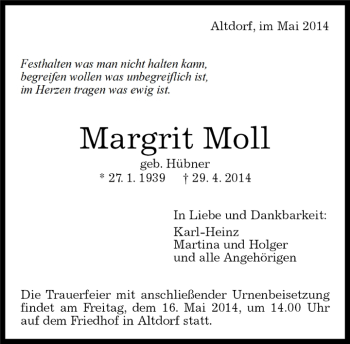 Traueranzeige von Margrit Moll von Kreiszeitung Böblinger Bote