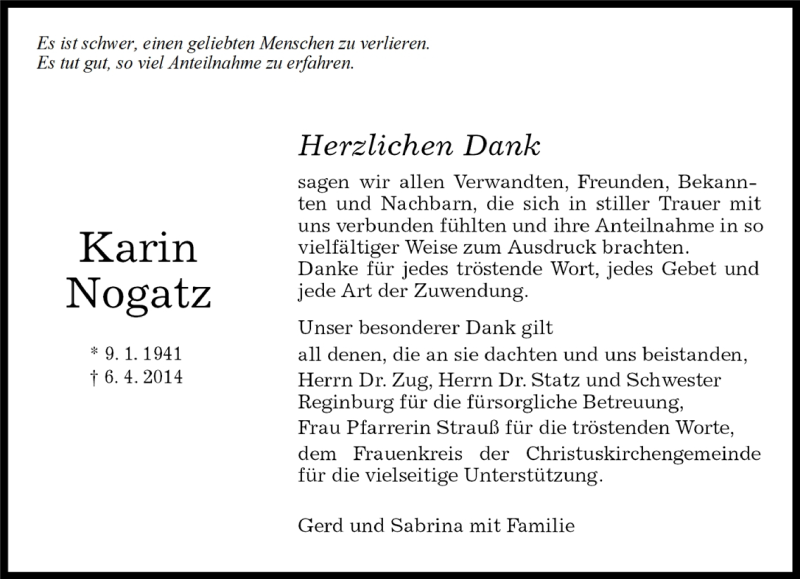  Traueranzeige für Karin Nogatz vom 09.05.2014 aus Kreiszeitung Böblinger Bote