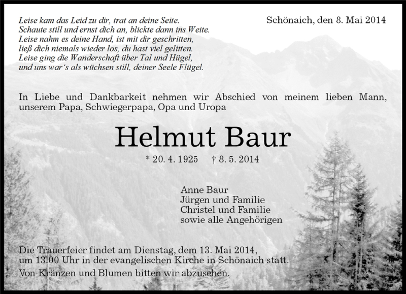  Traueranzeige für Helmut Baur vom 08.05.2014 aus Kreiszeitung Böblinger Bote