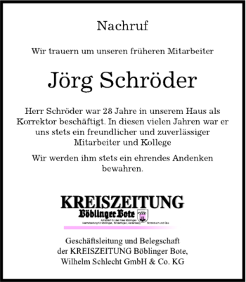 Traueranzeige von Jörg Schröder von Kreiszeitung Böblinger Bote