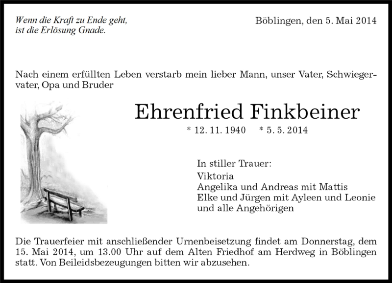  Traueranzeige für Ehrenfried Finkbeiner vom 09.05.2014 aus Kreiszeitung Böblinger Bote