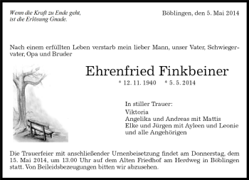 Traueranzeige von Ehrenfried Finkbeiner von Kreiszeitung Böblinger Bote