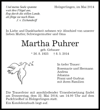 Traueranzeige von Martha Puhrer von Kreiszeitung Böblinger Bote
