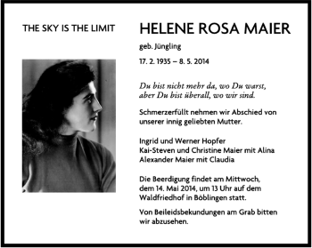 Traueranzeige von Helene Rosa Maier von Kreiszeitung Böblinger Bote