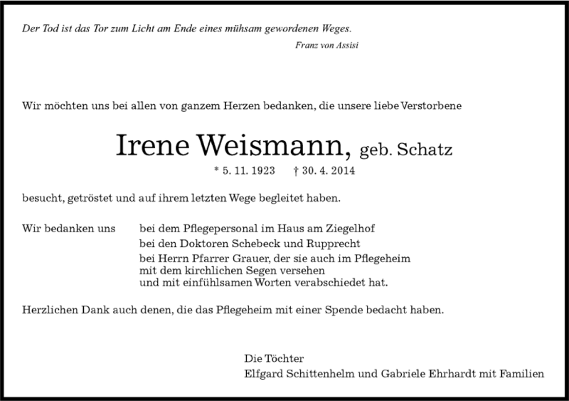 Traueranzeige für Irene Weismann vom 13.05.2014 aus Kreiszeitung Böblinger Bote