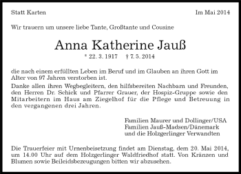 Traueranzeige von Anna Katherine Jauß von Kreiszeitung Böblinger Bote