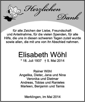 Traueranzeige von Elisabeth Wöhl von Kreiszeitung Böblinger Bote