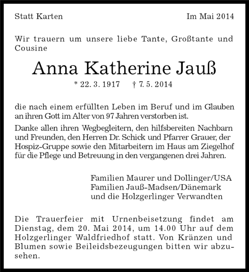  Traueranzeige für Anna Katherine Jauß vom 13.05.2014 aus Kreiszeitung Böblinger Bote