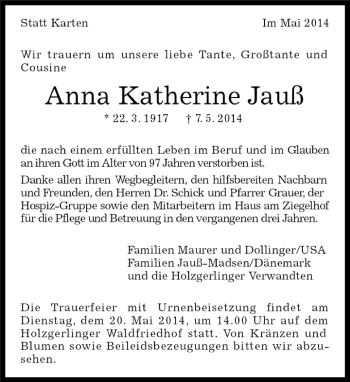 Traueranzeige von Anna Katherine Jauß von Kreiszeitung Böblinger Bote