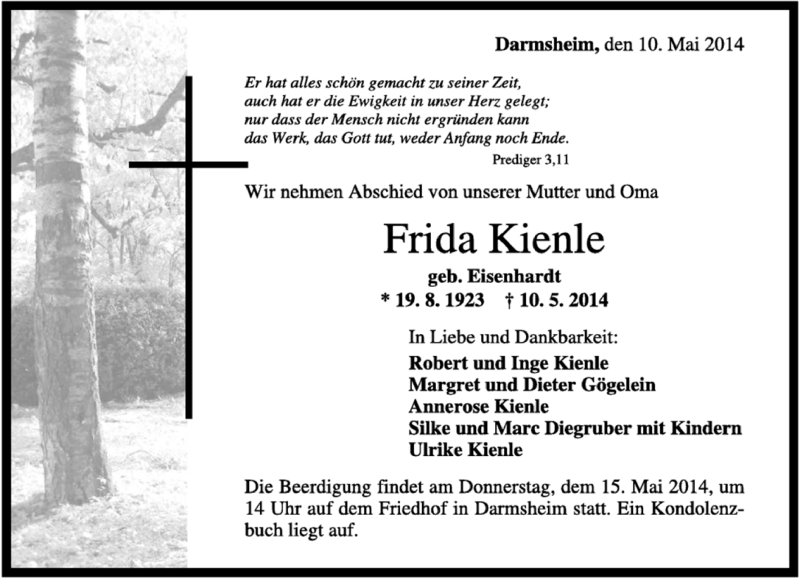  Traueranzeige für Frieda Kienle vom 13.05.2014 aus Kreiszeitung Böblinger Bote