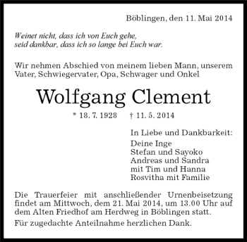 Traueranzeige von Wolfgang Clement von Kreiszeitung Böblinger Bote