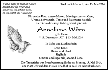 Traueranzeige von Anneliese Wörn von Kreiszeitung Böblinger Bote