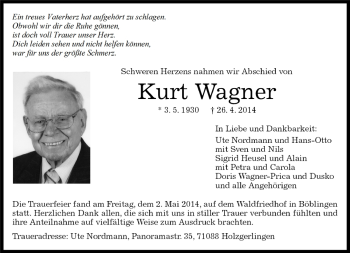 Traueranzeige von Kurt Wagner von Kreiszeitung Böblinger Bote