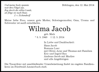 Traueranzeige von Wilma Jacob von Kreiszeitung Böblinger Bote