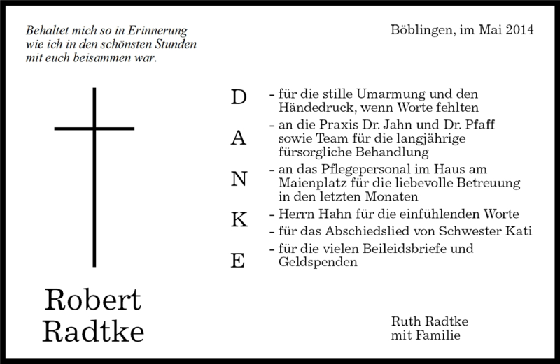  Traueranzeige für Robert Radtke vom 15.05.2014 aus Kreiszeitung Böblinger Bote