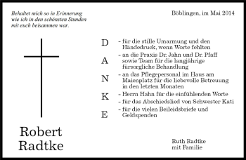 Traueranzeige von Robert Radtke von Kreiszeitung Böblinger Bote