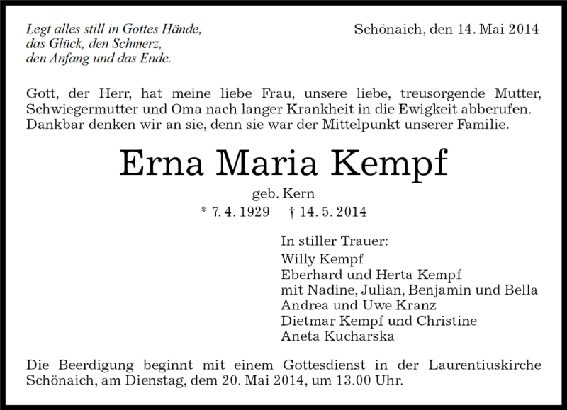  Traueranzeige für Erna Maria Kempf vom 15.05.2014 aus Kreiszeitung Böblinger Bote