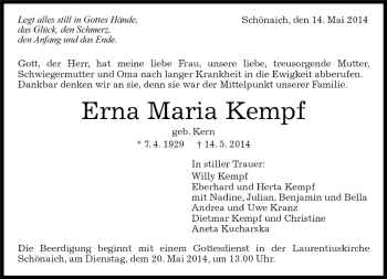 Traueranzeige von Erna Maria Kempf von Kreiszeitung Böblinger Bote