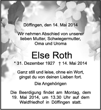 Traueranzeige von Else Roth von Kreiszeitung Böblinger Bote