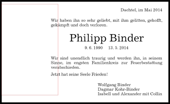 Traueranzeige von Philipp Binder von Kreiszeitung Böblinger Bote
