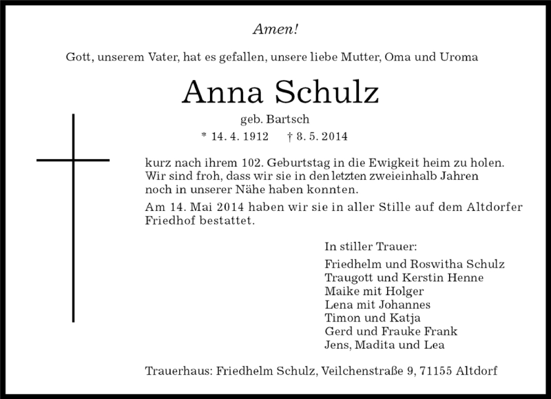  Traueranzeige für Anna Schulz vom 19.05.2014 aus Kreiszeitung Böblinger Bote