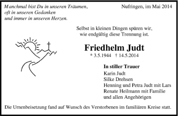Traueranzeige von Friedhelm Judt von Kreiszeitung Böblinger Bote