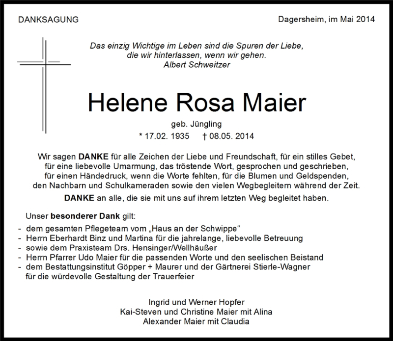  Traueranzeige für Helene Rosa Maier vom 20.05.2014 aus Kreiszeitung Böblinger Bote